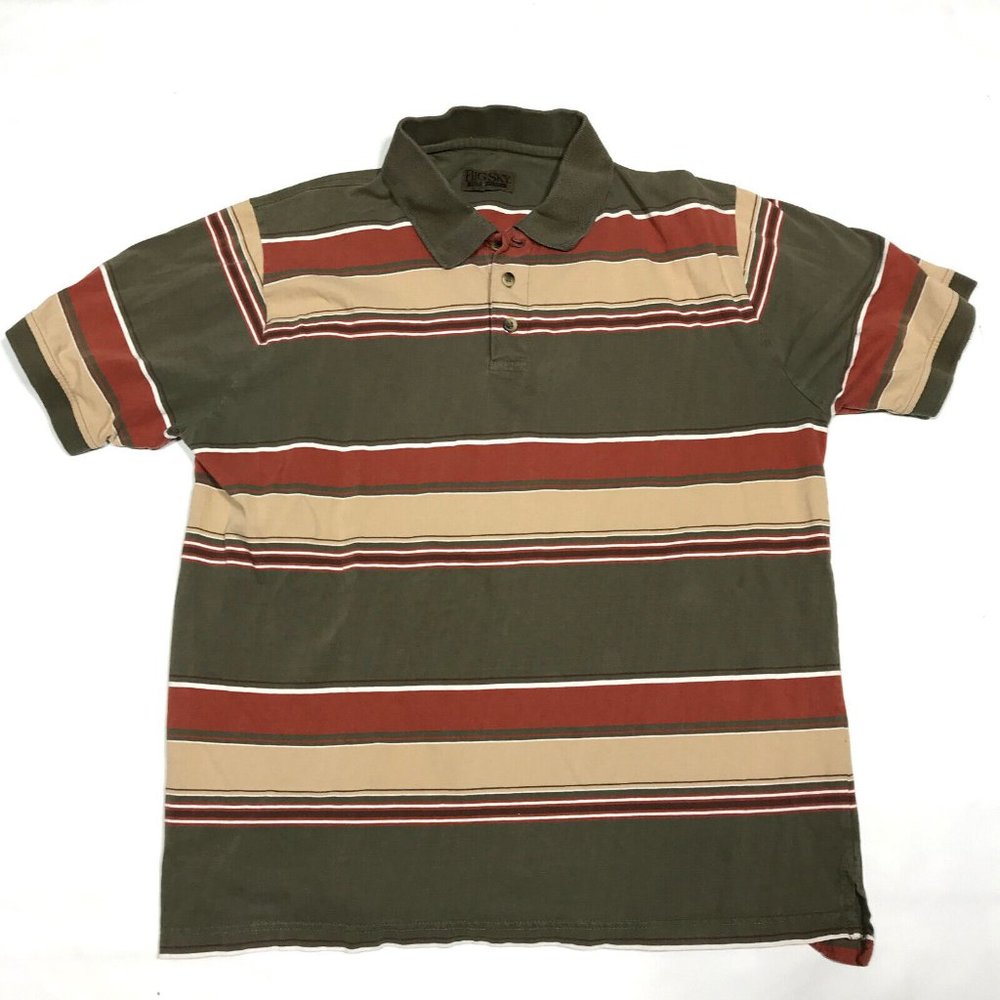 Big Sky Outfitters Retro Striped Polo Shirt Mens Large L Short Sleeve Green Tan